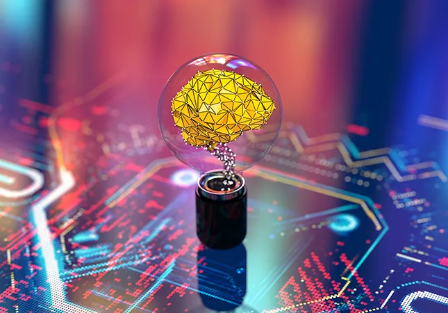 A lightbulb on a circuit board with a neural network inside it.